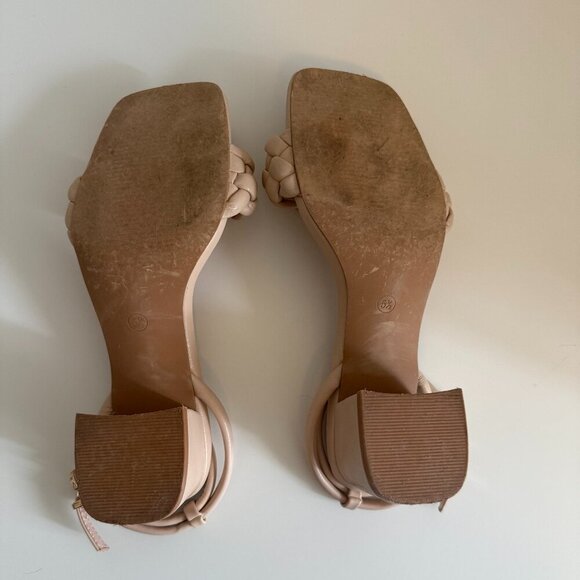 Nude Braided Open Toe Ankle Strap Low Block Chunky Heels Sandals Size 5.5 - Picture 7 of 8